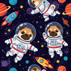 Cute astronaut pugs explore outer space with rockets and colorful planets Playful cosmic adventure