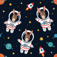 Cartoon donkeys in astronaut suits float amidst planets stars and rockets Whimsical space design