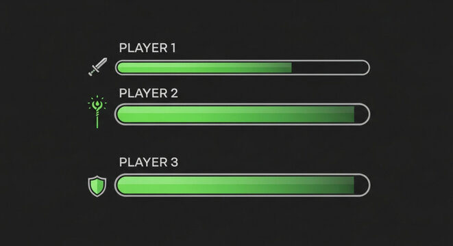 Game interface showing player health bars with sword staff and shield icons on a dark gray background design