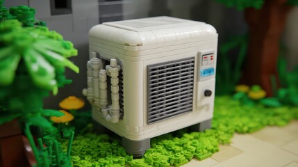 Naklejka premium Detailed Close-Up of a LEGO Air Conditioning Unit in a Garden Scene