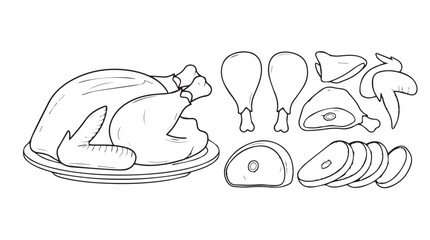 Whole roasted chicken and carved poultry pieces food outline on white surface silhouette