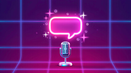 A retro silver microphone projecting a glowing neon pink speech bubble with rounded edges, surrounded by sparkles, on a dark purple background with glowing neon grid lines