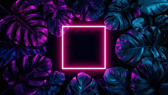 Vibrant neon square frames lush tropical monstera leaves illuminated by dramatic purple and teal lighting creating a modern, stylish backdrop. - Powered by Adobe