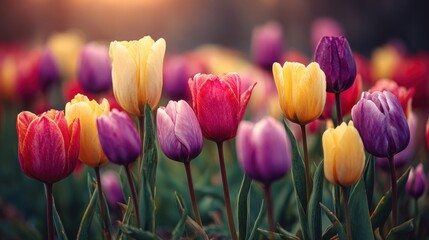Fototapeta premium A charming sp tulip garden bursts with vibrant colors as various shades of red, yellow, and purple tulips bloom in a peaceful outdoor setting, delighting visitors.