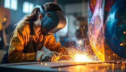 Skilled Female Welder Intensely Focused on Precision Metal Fabrication Project in Industrial Workshop