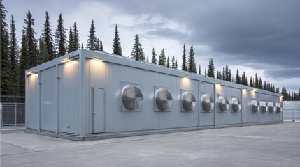 Industrial Cooling System Units Surrounded by Pine Tree Forest