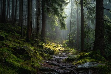 Obraz premium Mystical forest path with sunlight