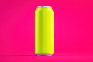 Colorful aluminum drink can design mockup with vibrant neon colour background for advertising and packaging