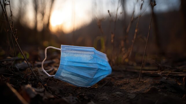 Discarded Blue Face Mask on Ground in Natural Outdoor Setting