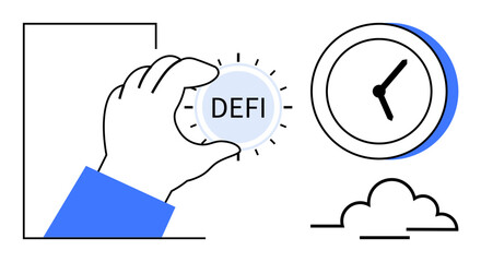Hand grasping DeFi coin symbolizing finance, clock suggesting time management, and a cloud hinting at innovation. Ideal for fintech, blockchain, time, investment, cryptocurrency, digital economy