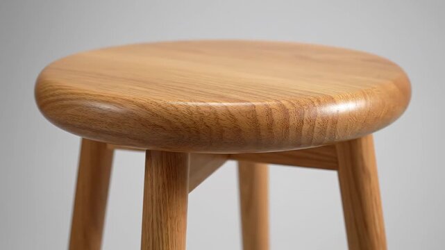 Elegant wooden stool with a round seat slowly rotating. Minimalist and modern furniture design for contemporary interior decoration