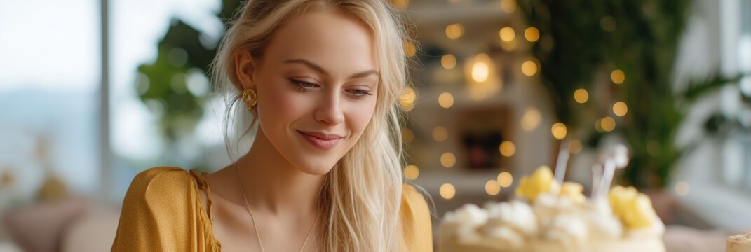 Young caucasian female celebrating birthday with cake and smiling in festive setting - Powered by Adobe