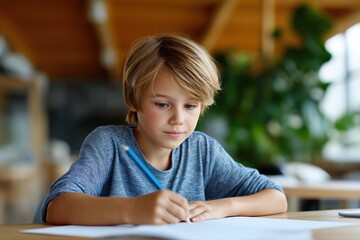 Young caucasian male child writing at desk in bright classroom setting