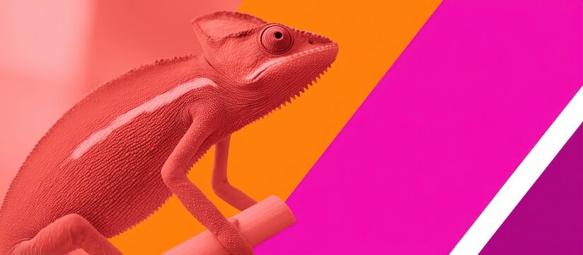 Red chameleon perched on a stick, color block background
