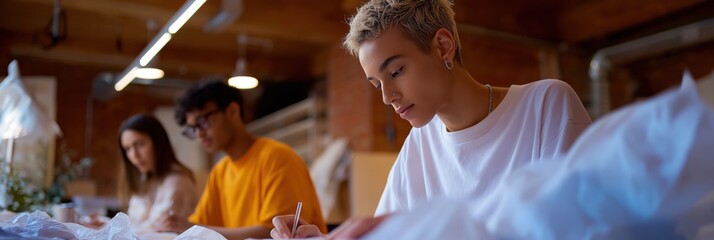 Focused young adults working in creative collaboration at modern workspace