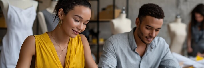 Young mixed-race adults collaborating in fashion design studio