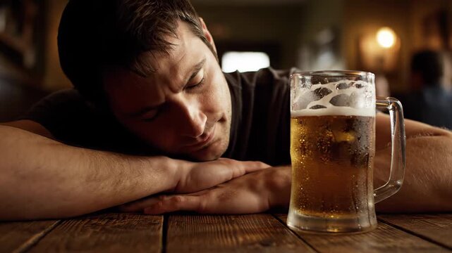Young man peacefully napping on a wooden table in a pub beside a chilled glass of beer. Symbolizing struggles with alcoholism, dependency, mental health issues, and social isolation