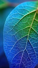 A close-up view of a leaf's intricate vein structure reveals vibrant blue and green hues, highlighting the delicate beauty of nature.