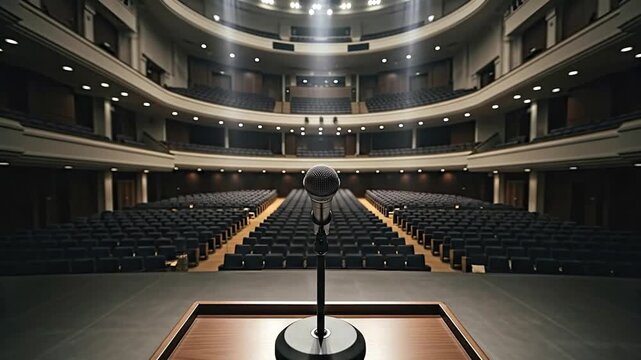 A microphone on a lectern overlooks an empty multi-tiered auditorium with spotlights shining down on the stage