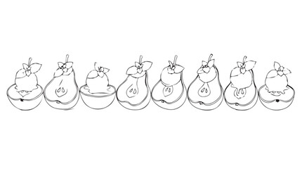 Delicate hand-drawn pears embellished with leaves and stems in a row silhouette