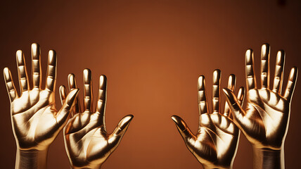 Four golden hands raised against a warm brown background, symbolizing unity or celebration.