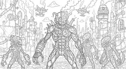 Fototapeta premium Doodle art coloring page of alien biomechanical creatures blending chrome machinery with organic forms in a steampunk-inspired city for coloring page kids and adults