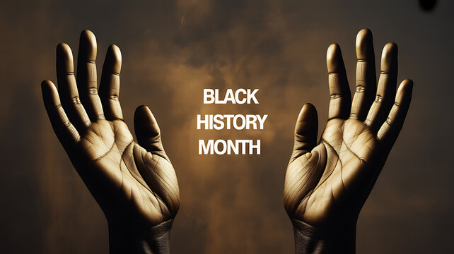Two raised hands with 'Black History Month' text against a dark background - Powered by Adobe