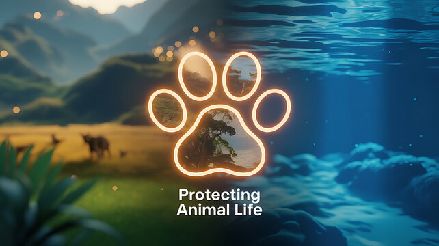 A glowing paw print symbol overlays a split scene of a forest and underwater environment, emphasizing the protection of animal life. - Powered by Adobe