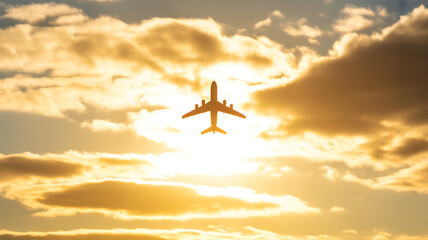 Naklejka premium Silhouette of an airplane flying against a golden sunset sky with scattered clouds