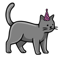 Adorable vector illustration of a grey cat wearing a pink and purple striped party hat, perfect for birthday celebrations or festive designs.