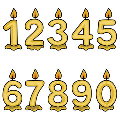 A vector illustration of ten golden birthday candles shaped as numbers 0-9, each with a realistic flame, perfect for festive designs and celebrations.