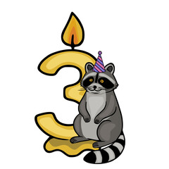 Adorable vector illustration of a raccoon wearing a party hat sitting on a number three birthday candle, perfect for children's celebrations and festive designs.