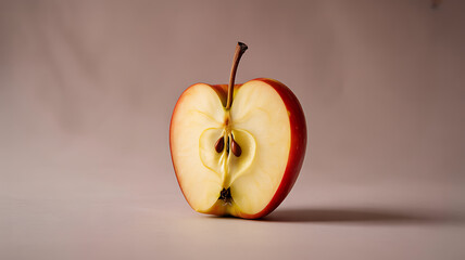 Half-sliced red apple with visible seeds and stem on a neutral background