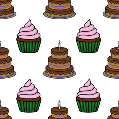 Seamless vector pattern featuring delightful cupcakes with pink frosting and two-tiered chocolate cakes with a single candle, creating a cheerful and festive birthday design.