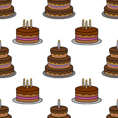 Seamless vector pattern featuring charming cartoon chocolate cakes with candles, perfect for festive backgrounds or celebratory designs.