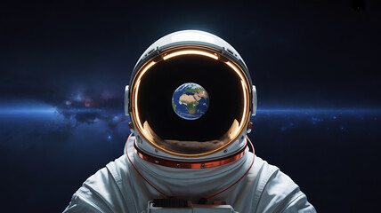 Astronaut in space suit with Earth visible through helmet visor against a starry cosmic background