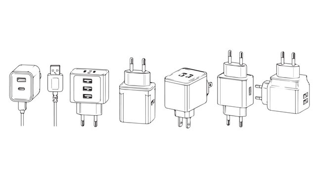 Collection of electrical power adapters and usb chargers in a line drawing style silhouette