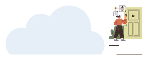 Fototapeta premium Woman scanning her face to open a locked door, surrounded by facial ID icons. Ideal for security, technology, privacy, authentication, cloud computing, digital innovation, simple flat metaphor