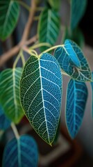 Close-up view of vibrant, contrasting teal and green leaves, showcasing intricate vein patterns and a natural beauty.