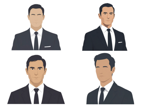 Set Silhouette Professional half-length illustration of businessman in formal suit, clean white background.