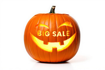 Obraz premium Halloween Sale icon as a Pumpkin Jack O Lantern as a funny spooky orange character with carved text as a Fall season or Autumn marketing message with a scary expression on a white background