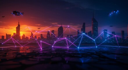 Futuristic Cityscape with Network and Flying Vehicle at Sunset