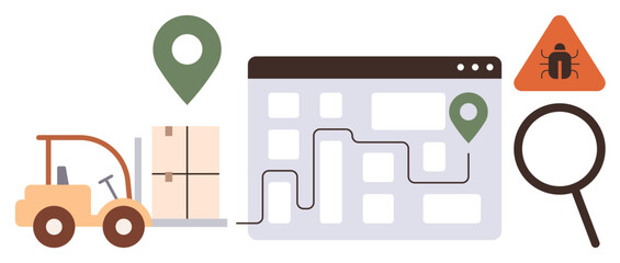 Forklift moving package, map interface with route tracking and location pins, magnifier with bug alert icon. Ideal for logistics, transport, supply chain, quality control, troubleshooting, software