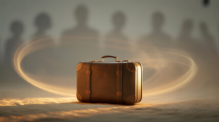 A vintage suitcase illuminated by a glowing ring with silhouetted figures in the background