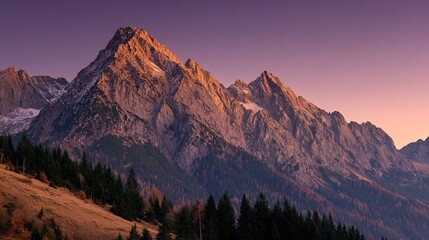 alpine. Panoramic alpine landscape at dusk with warm golden light on mountain peaks. travel magazines, destination branding, designed for outdoor magazines and nature guides.