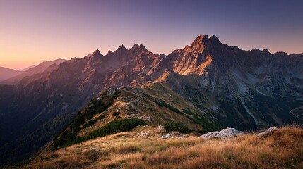 alpine. Panoramic alpine landscape at dusk with warm golden light on mountain peaks. travel magazines, destination branding, designed for outdoor magazines and nature guides.