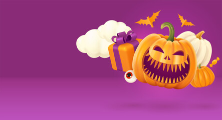 Halloween background with smiling pumpkin, 3d gift box, bats. Greeting card for party and sale. Autumn holidays.

