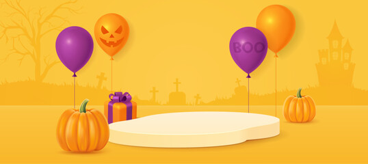 Halloween background with smiling pumpkins, 3d gift box, balloons. Greeting card for party and sale. Autumn holidays.
