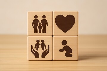 Wooden blocks with icons representing family, heart, care, and a child, symbolizing love, protection, and togetherness