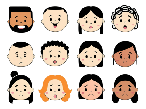 Confident cartoon businesswoman face with neat hairstyle, isolated background.